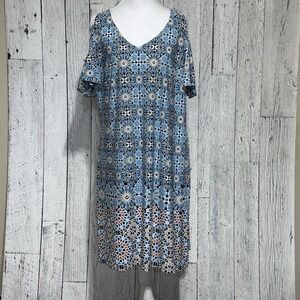 MSK Women's Ruffled Sleeves Cold Shoulder  V- Neck Blue Geometric Print Size L